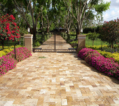 Yellow Travertine Garage Entry Flooring